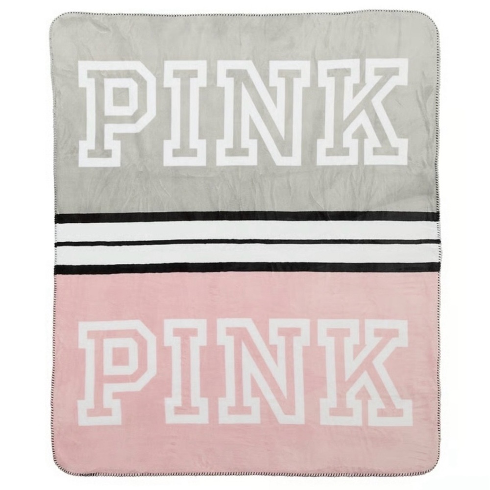 NEW Victoria’s Secret PINK Logo Plush Throw Blanket in Gray and Pink